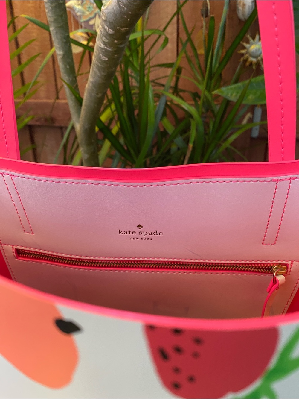 kate spade White Multicolor Fruit Print Tote with Pink Trim - Picture 4 of 12
